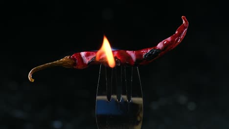 a burning hot red chili pepper on a fork