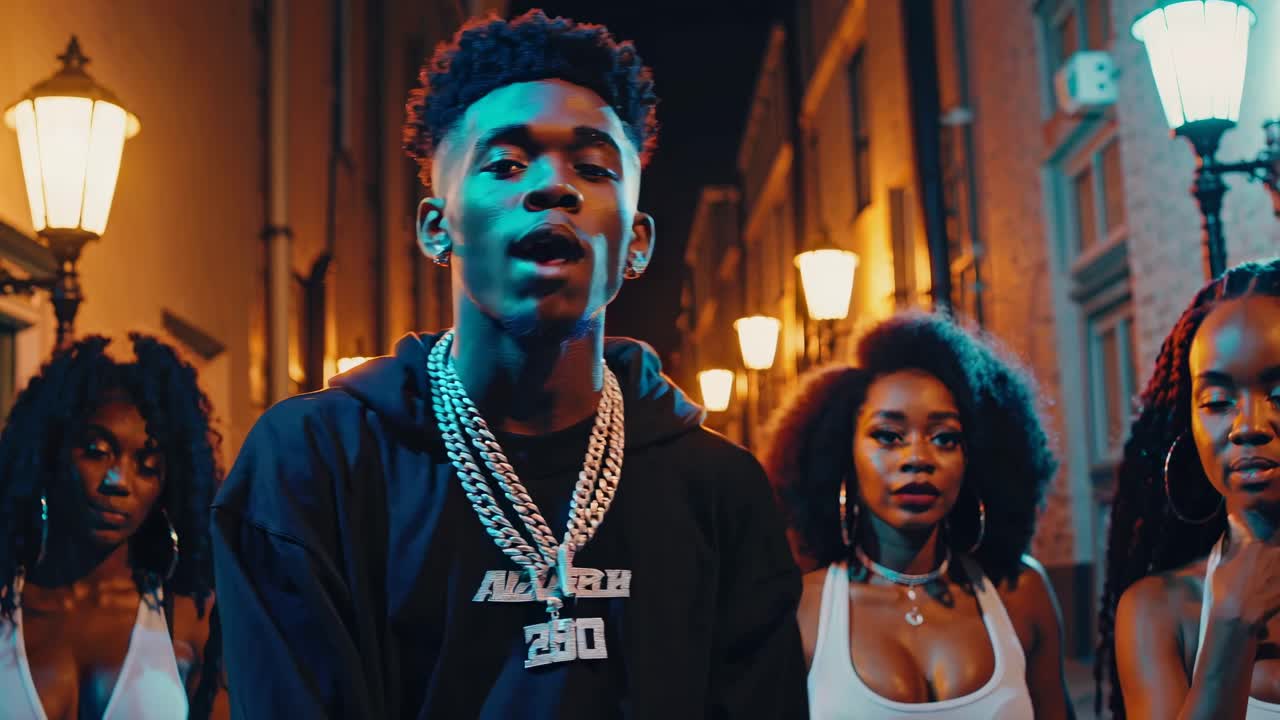 Street-style video with a low-angle shot, capturing a confident group at night