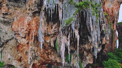 limestone rock formations hanging down from a cliff in railay