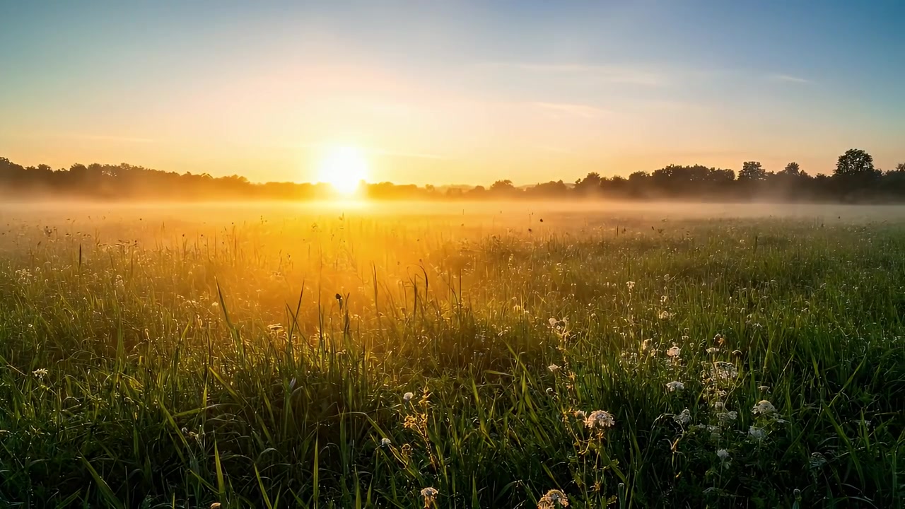 Goldener Sonnenaufgang über einer nebligen Wiese auf dem Land