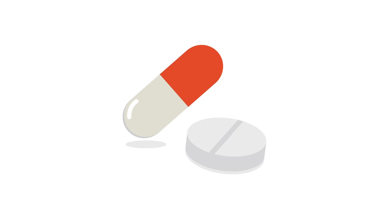Capsula e compressa mediche animate rosse e bianche su sfondo bianco