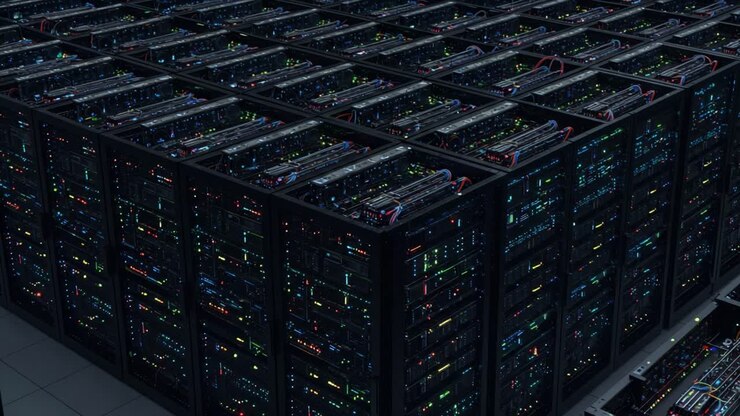 A High-Density Server Farm Showcasing Cutting-Edge Technology, Featuring Rows of Powerful Data Servers Illuminated by Colorful LEDs in a Modern Data Center Environment