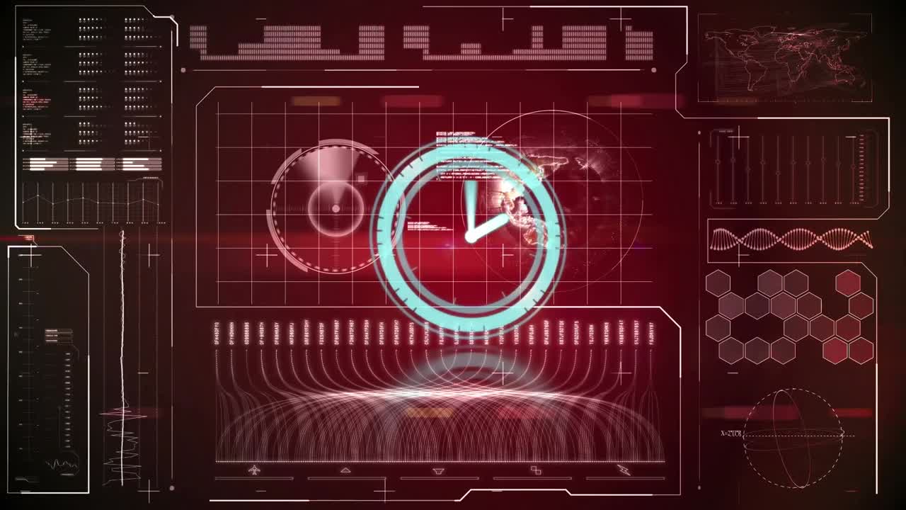 Animation of clock moving fast and data processing over screen