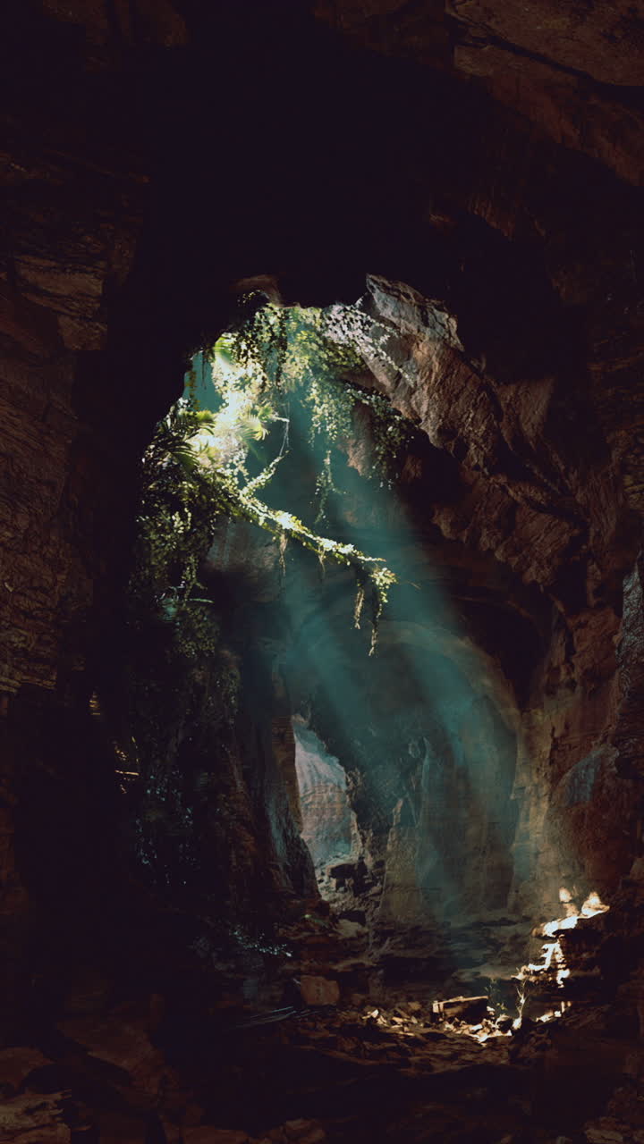 Luce che filtra attraverso l'ingresso di una grotta con piante verdi sullo sfondo.