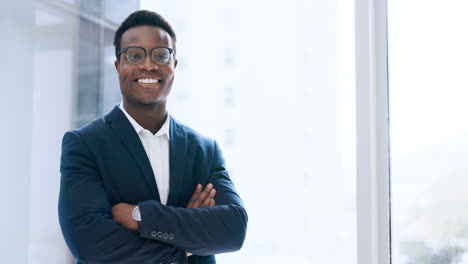 portrait, happy black man and arms crossed