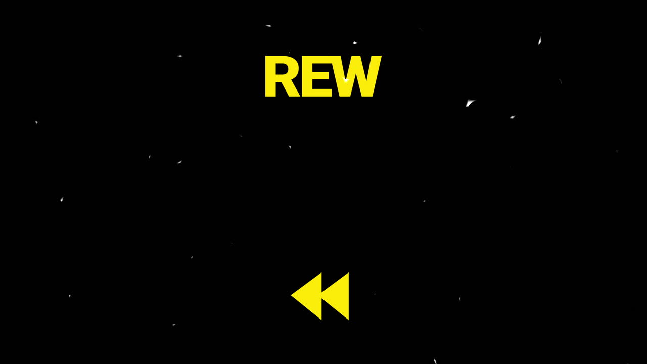 Teks dan Ikon REW Rewind dengan Hamparan Butiran Film Vintage