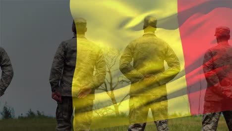 Animación-De-La-Bandera-De-Bélgica-Sobre-Diversos-Soldados-Varones.