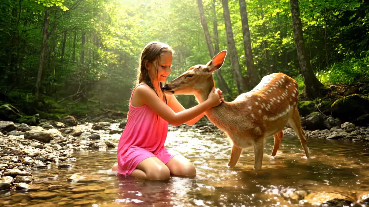 Girl and Deer in a Forest Stream