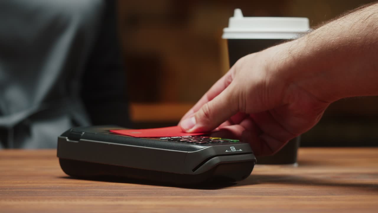 Paying with credit card in caffe close-up. Cashless shopping in restaurant. Touch-free and contactless payment concept. NFC technology and bank terminal. Buying coffee.