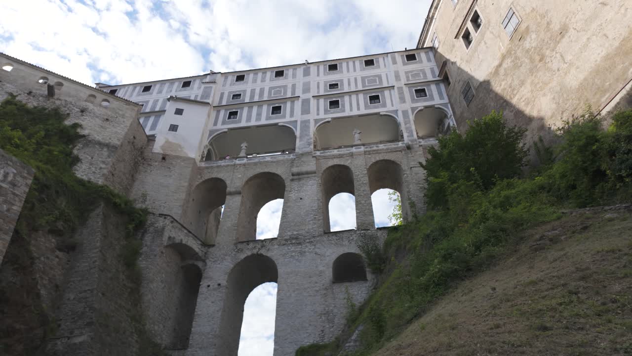 Arched stone structure of Cloak Bridge in Český Krumlov, Czechia