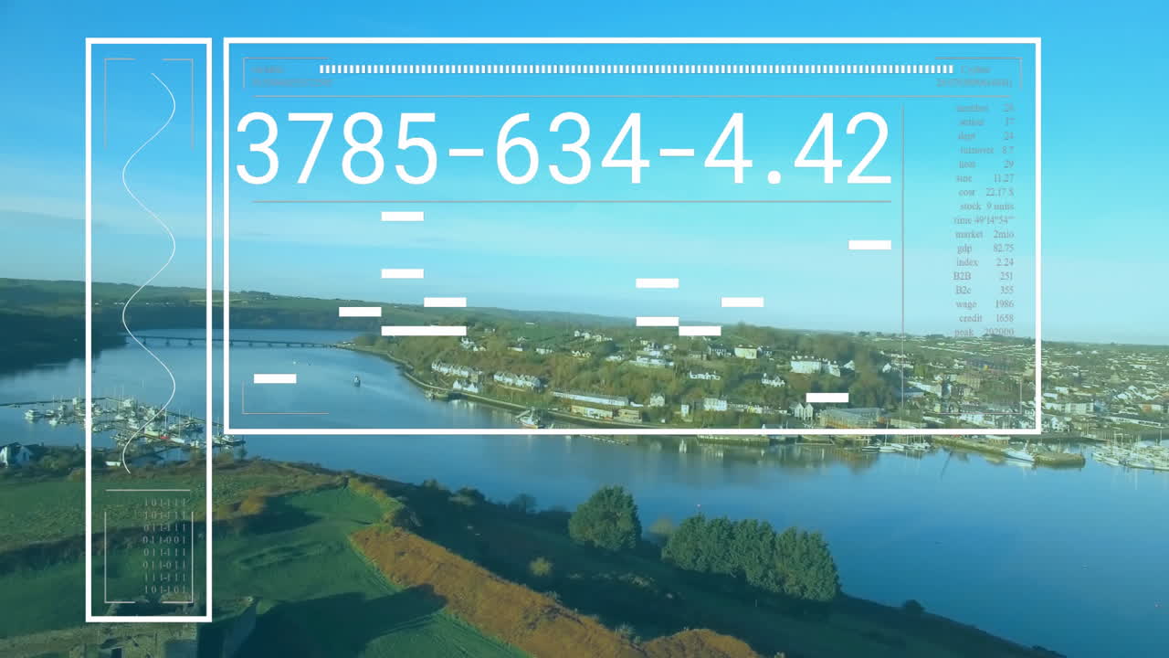 Digital HUD overlay floating over river estuary and town, showing numeric data in flat design
