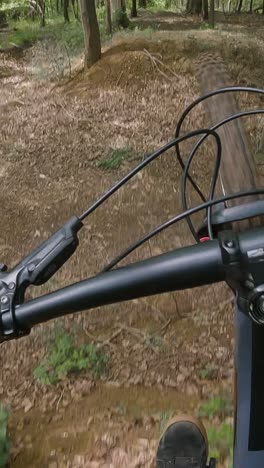 Vertikale-Video-POV-Aufnahme-Eines-Mannes-Auf-Einem-Mountainbike,-Der-Einen-Luftsprung-Auf-Einem-Waldweg-Macht