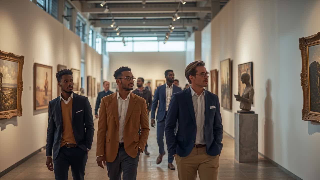 Aproximando-se da câmera, três homens de blazer caminhando por um corredor de galeria, observando pinturas e esculturas