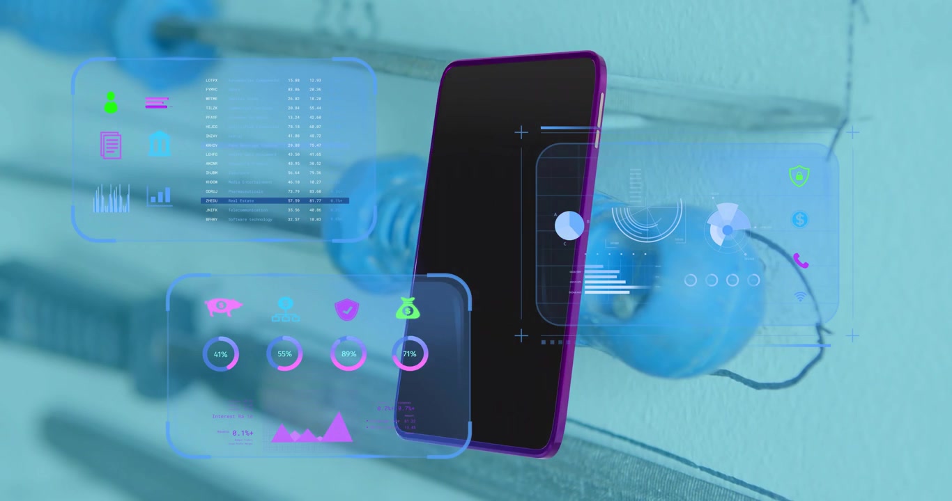 Hovering purple smartphone causing UI sliding, rotating around metal panel and blue cable for demo