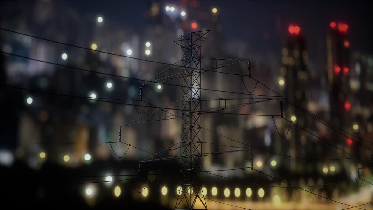 High Tension Power Lines With Digital Overlay And City Silhouette
