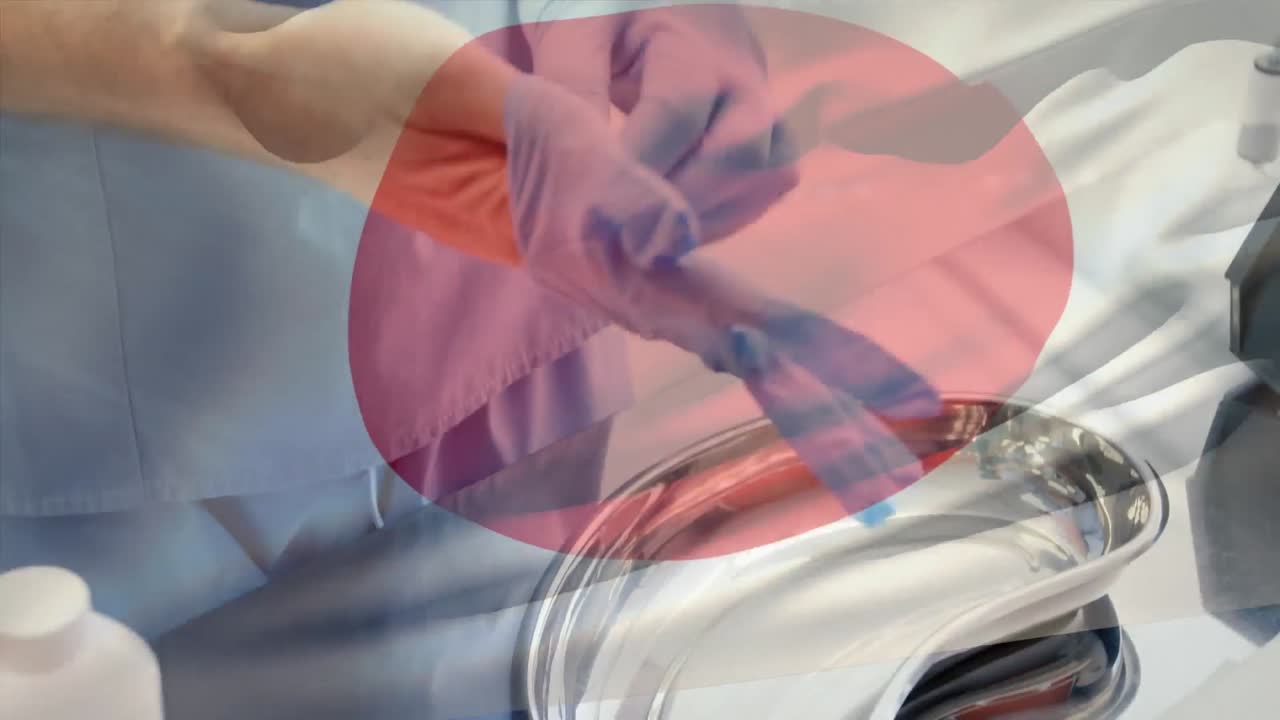 수술실 에서 외과 의사 들 위 에 흔들리는 일본 국기 의 애니메이션