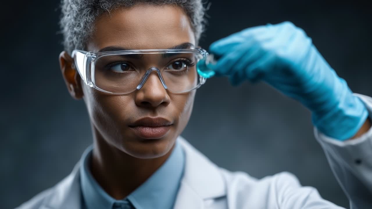 Scienziata con occhiali di sicurezza che esamina un liquido blu in una fiala all'interno di un laboratorio di ricerca clinica