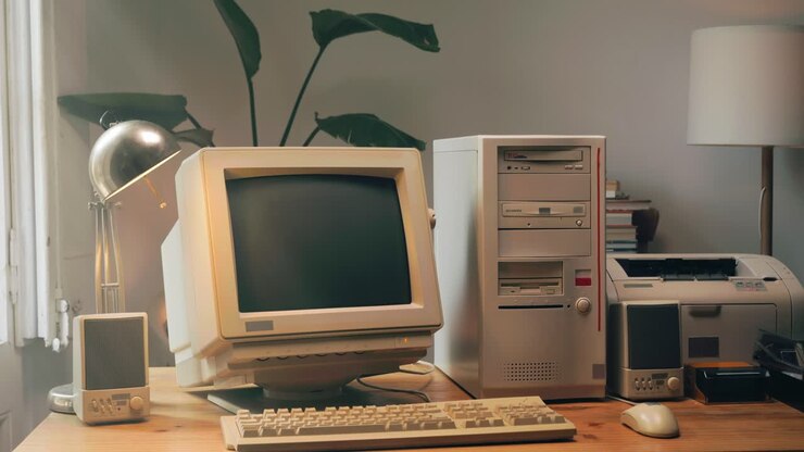 Retro pc-gaming, vintage desktop med konsol, der indlæser kode, programmør skriver scripts, grøn BASIC-skærm, nærbillede af gammelt computerstudie, retro-skærm, pc fra slut-90'erne