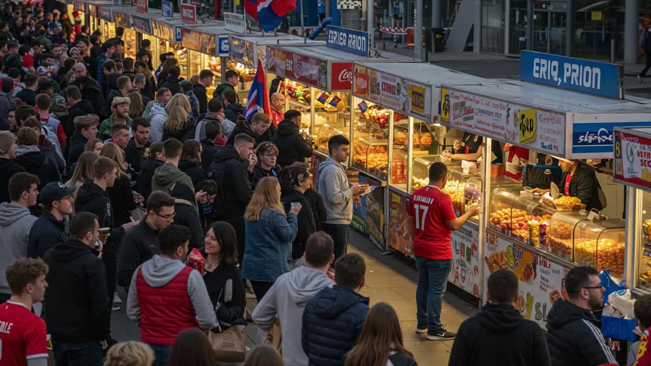 A Vibrant Gathering at a Food Market: Crowds Enjoy Diverse Culinary Delights Amidst Food Stalls and Joyful Atmosphere