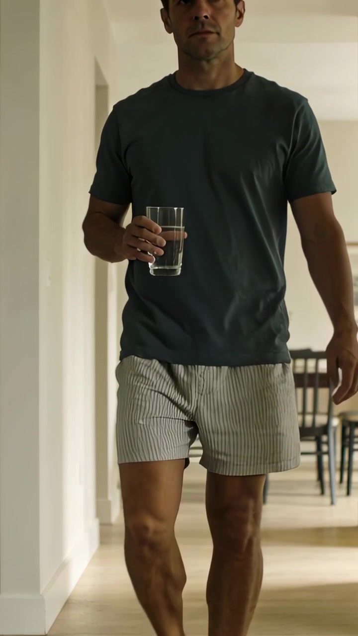 Vertical video: Walking man in tee and shorts holding glass leaving dining table bringing water