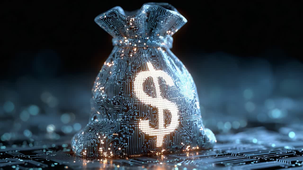 A Digital Treasure Bag: Exploring the Fusion of Technology and Wealth Through a Glowing Money Bag Symbolizing Financial Prosperity in a Modern Era