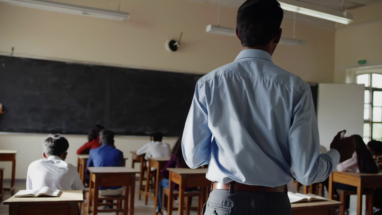 escena del aula con el maestro y los estudiantes