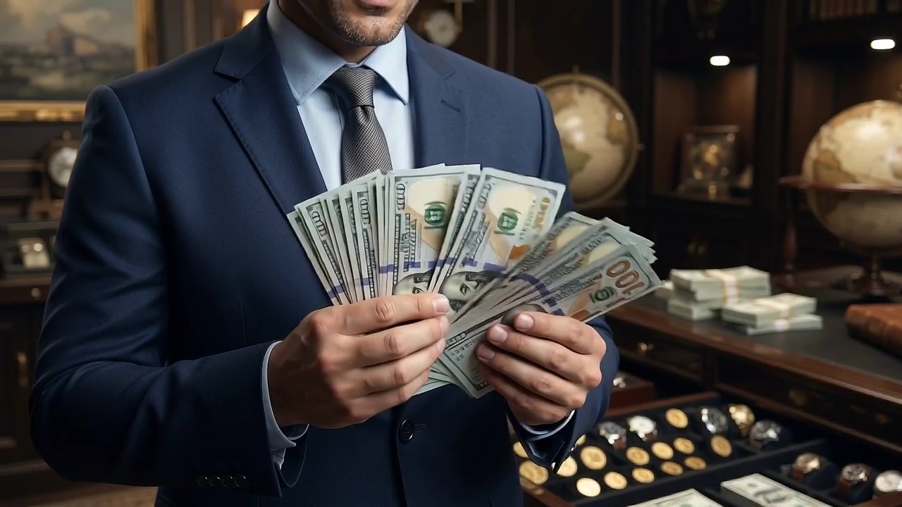 Uomo d'affari che conta banconote di dollari USA in un ufficio di lusso