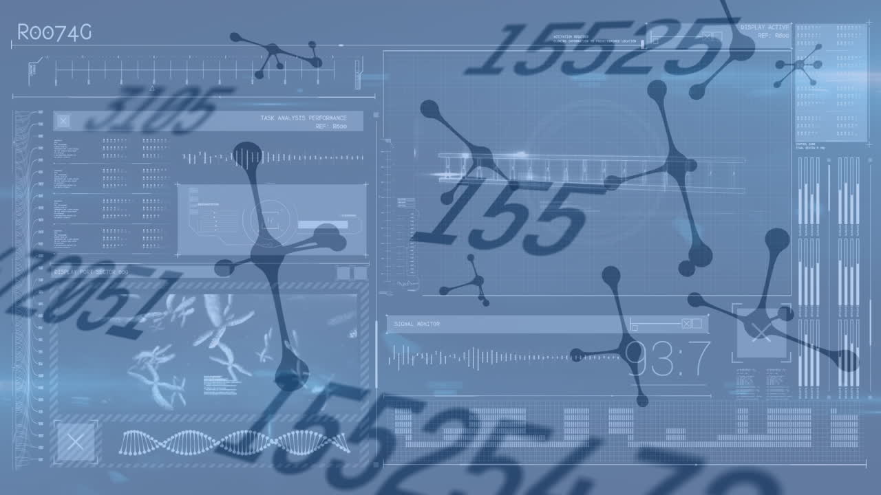 animación de formas y procesamiento de datos sobre fondo negro