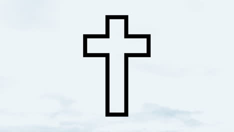 animation of black outline of christian cross over blue clouds