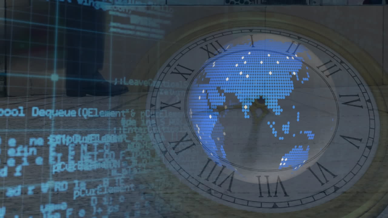 데이터 프로세싱, 글로브 및 이동 시계 위의 노란색 선의 애니메이션