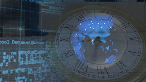 animation of yellow lines over data processing, globe and moving clock