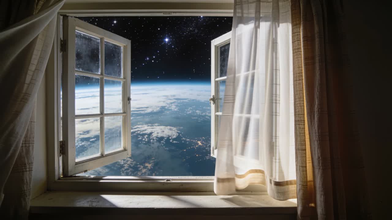 Fluttering sheer curtains drifting inward from breeze at casement window, revealing Earth curvature