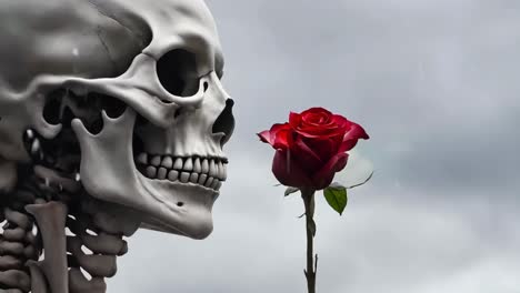 a skeleton holding a red rose in front of a cloudy sky