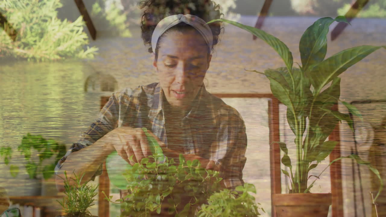 Woman tending plants at home with serene water animation overlay