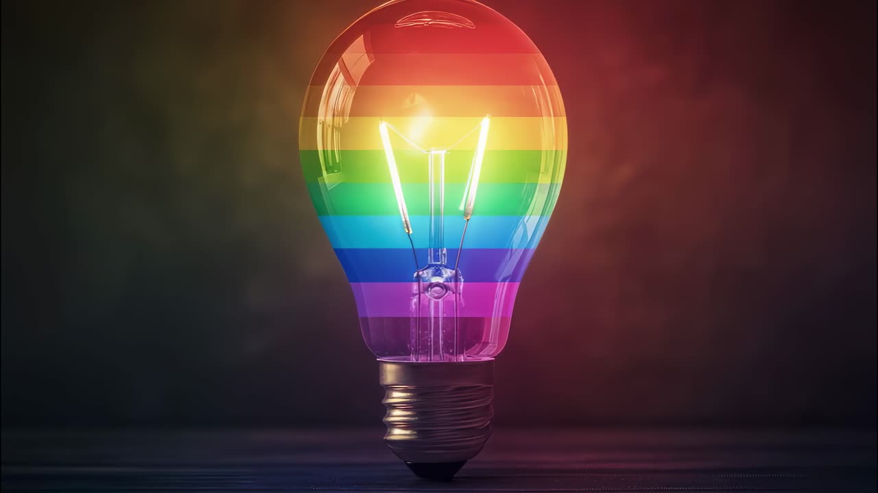 Light bulb glowing in vibrant rainbow colors, celebrating diversity, inclusion, and equality while promoting tolerance and understanding within communities and society as a whole