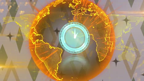 animation of scanner with clock face over glowing yellow global network and data on diamond pattern