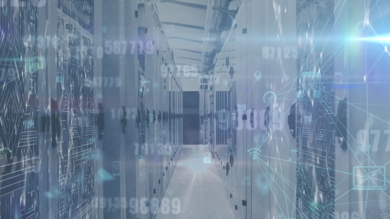 Animation of changing numbers and network of digital icons against light spot over server room