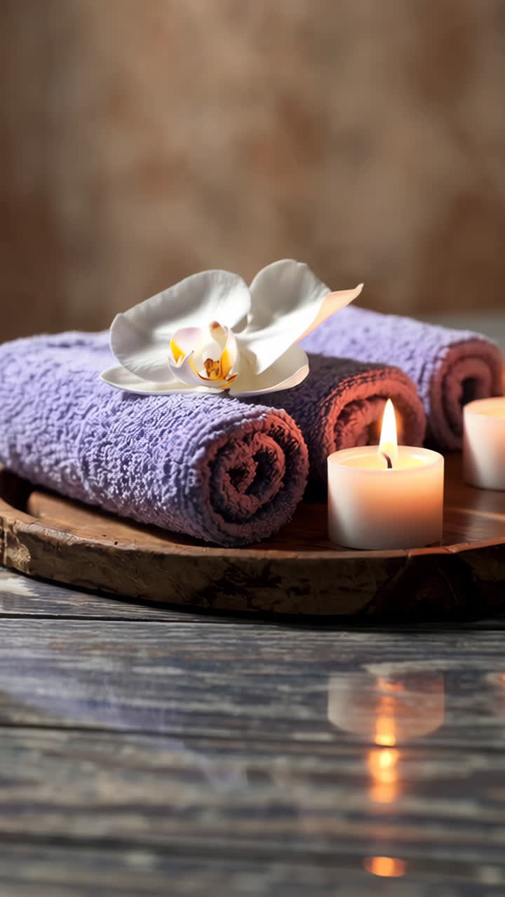 Relaxing Spa Setting with Towels, Candles, and Orchid