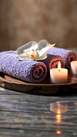 relaxing spa setting with towels, candles, and orchid