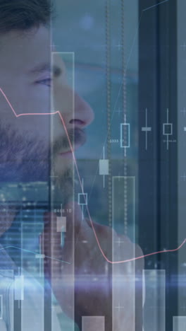 animation of financial data processing over caucasian businessman thinking