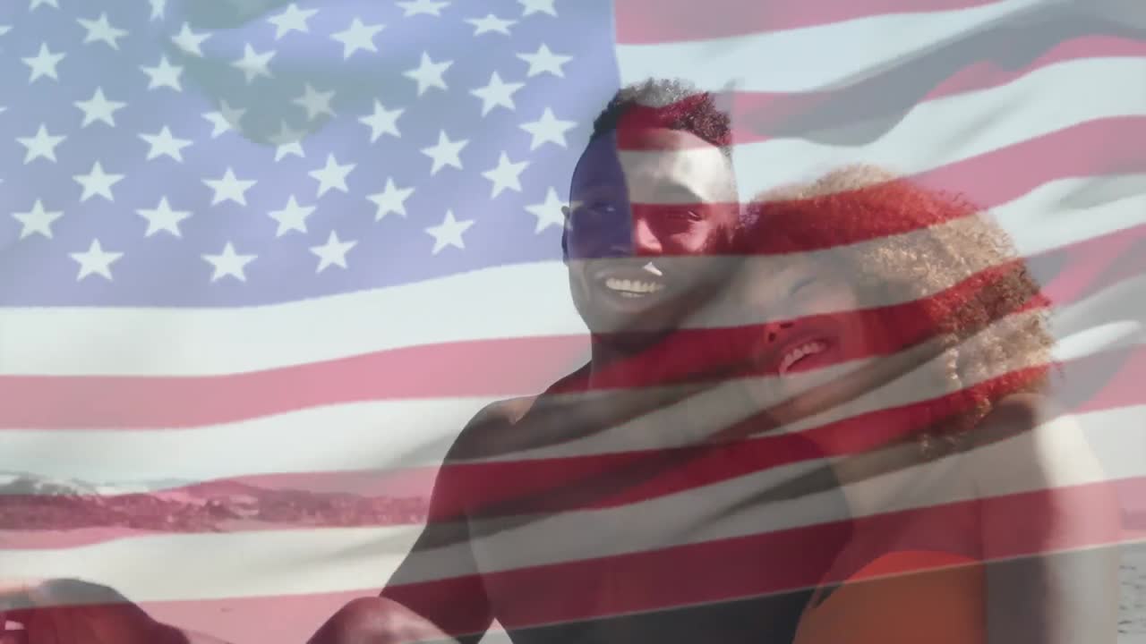animación de una pareja afroamericana enamorada de la bandera de los estados unidos de américa