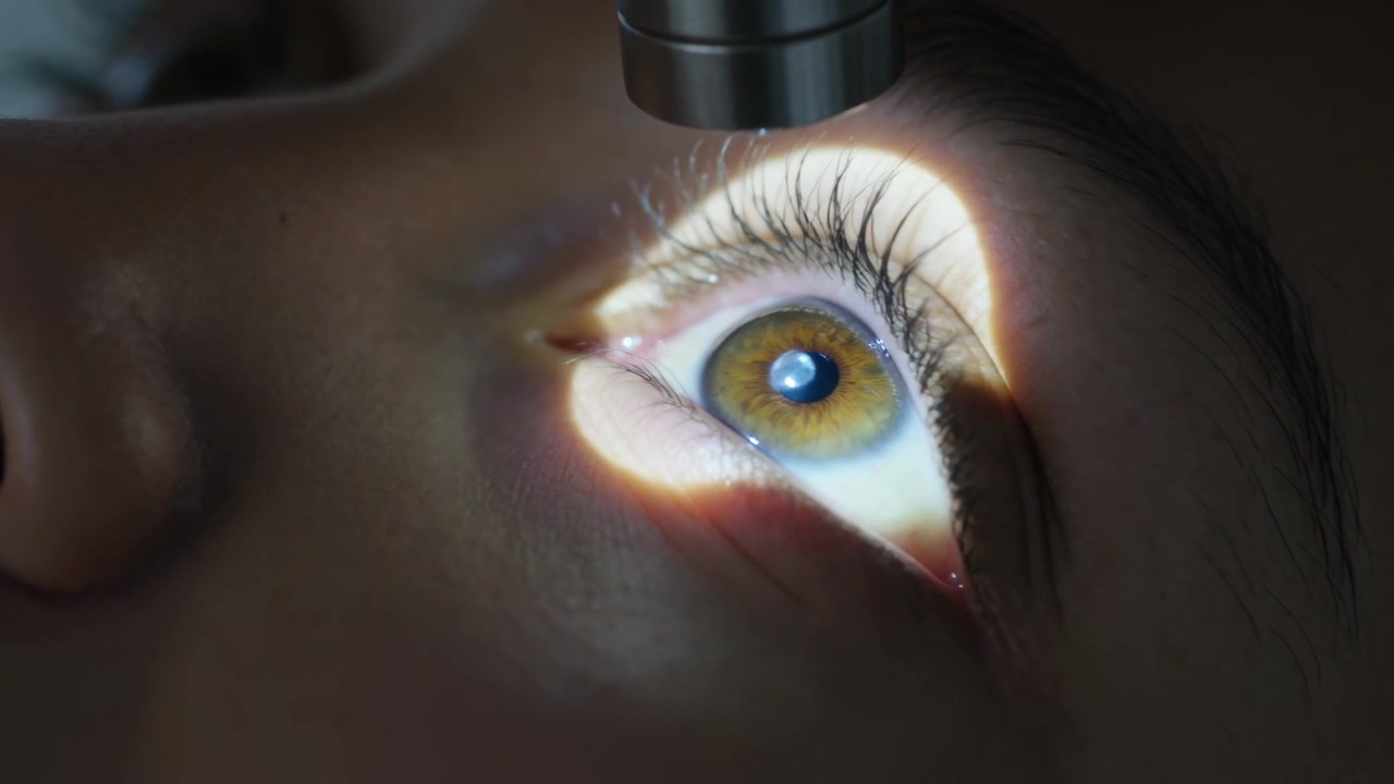 Shining ophthalmic diagnostic light moving closer over right eye in clinic, revealing corneal glint