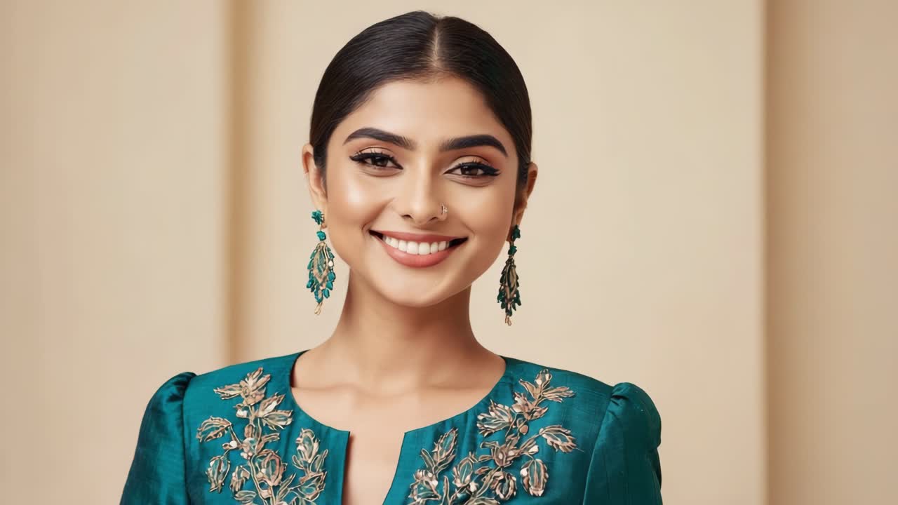 Teal embroidered dress highlighting fashion model's elegance, posing gracefully against neutral backdrop with confident, changing facial expressions and complementing jewelry