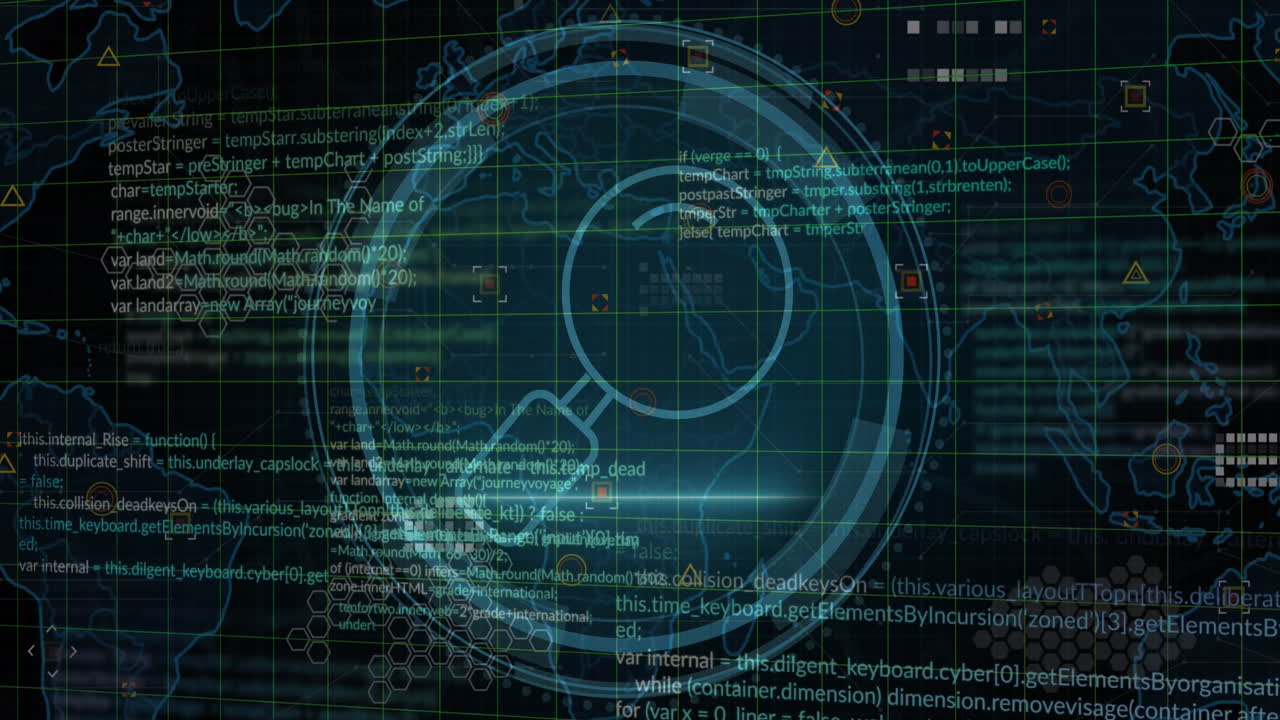 animación de iconos con mapa del mundo y procesamiento de datos en fondo negro