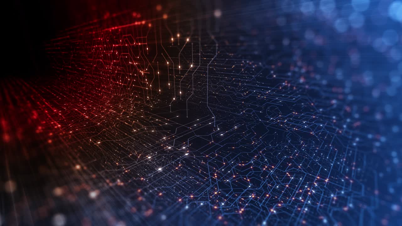 Motherboard Circuit Background. Virus detected over circuit board. Worm, cyber attack, antivirus, firewall alert and danger warning concept. Futuristic PCB. 3D render, 4K Seamless Loop.