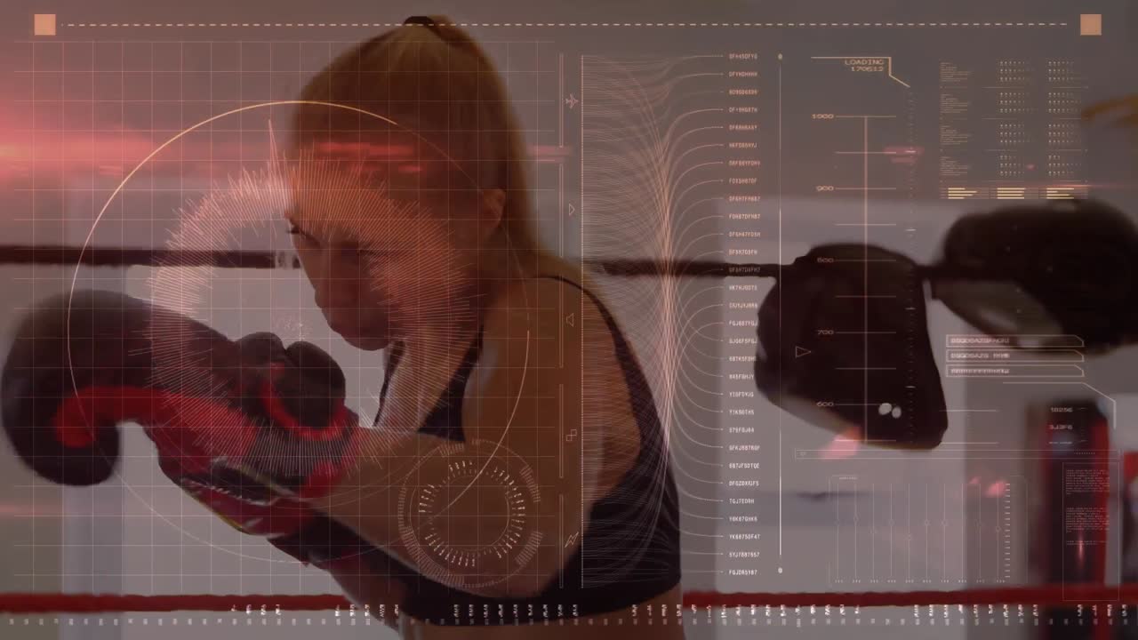 procesamiento de datos contra una boxeadora caucásica practicando sus golpes en el ring de boxeo