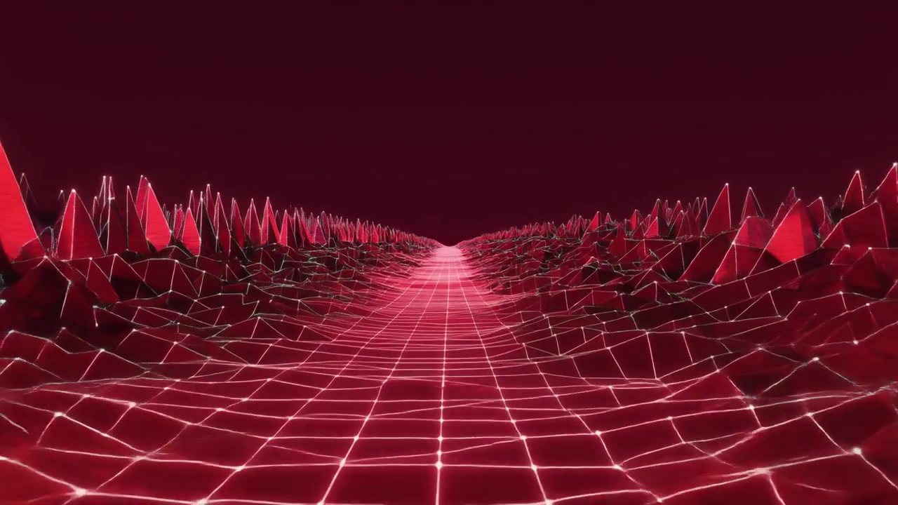 Abstract Red Digital Landscape with Glowing Wireframe Grid