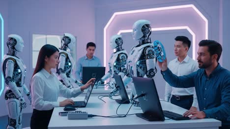 a team of engineers interacting with advanced humanoid robots in a modern lab setting, showcasing the future of robotics and human-machine collaboration