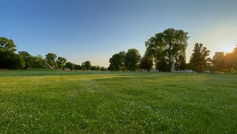 rheinpark in the evening with people and geese moving about the way in evening mood with son