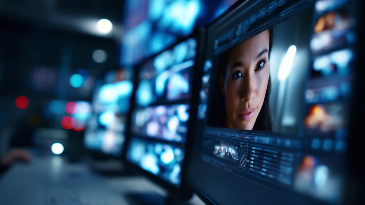 A Close-Up of a Focused Person on Multiple Monitors in a Modern Workspace, Highlighting the Interaction Between Technology and Human Expression